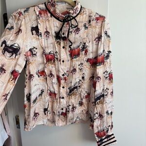 Cow Print Pintuck Tie-Neck Western Blouse in Pinkish Cream
